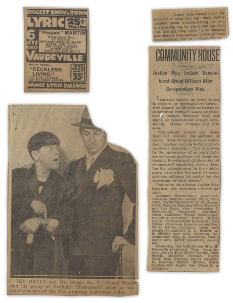 Moe Howard's Newspaper Clippings From 1927, Mostly Regarding Community Theater, But Also With Photo of Ted Healy & Moe ''Mr. Stooge No. 1'' -- About 10 Clippings, Glued to Paper -- Good Condition